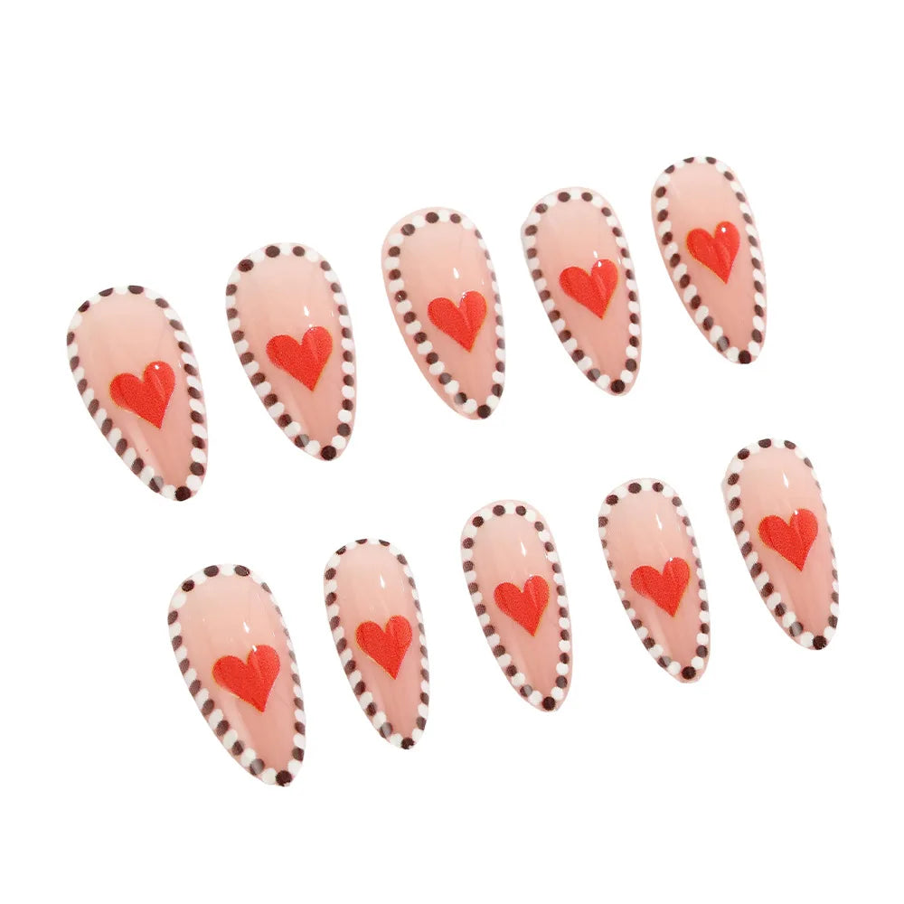 Medium Almond Fake Nails for Women Girls Red Pink Heart with Polka Dots Design for Valentine's Day Manicure Press On False Nail
