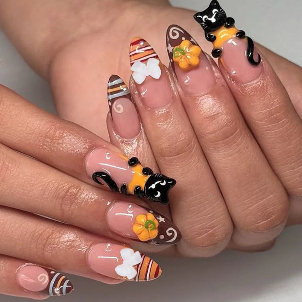 Cute Cartoon Black Cat 3D Press-On Nails – Almond, 24 Pcs