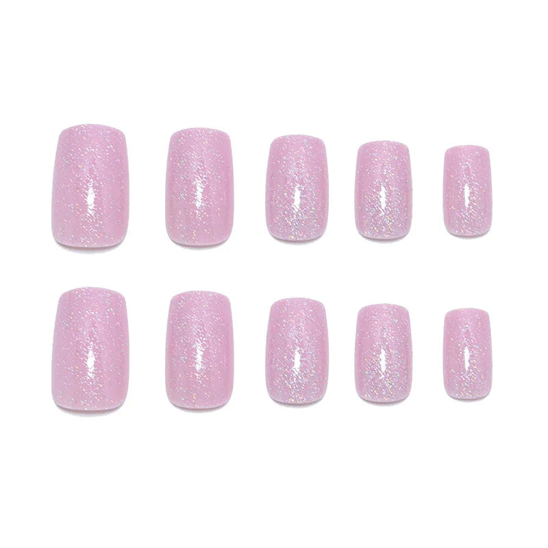 24pcs/set Pink fake nails for women girls with sparkling glitters Square nail tips full cover reusable press on false nail art