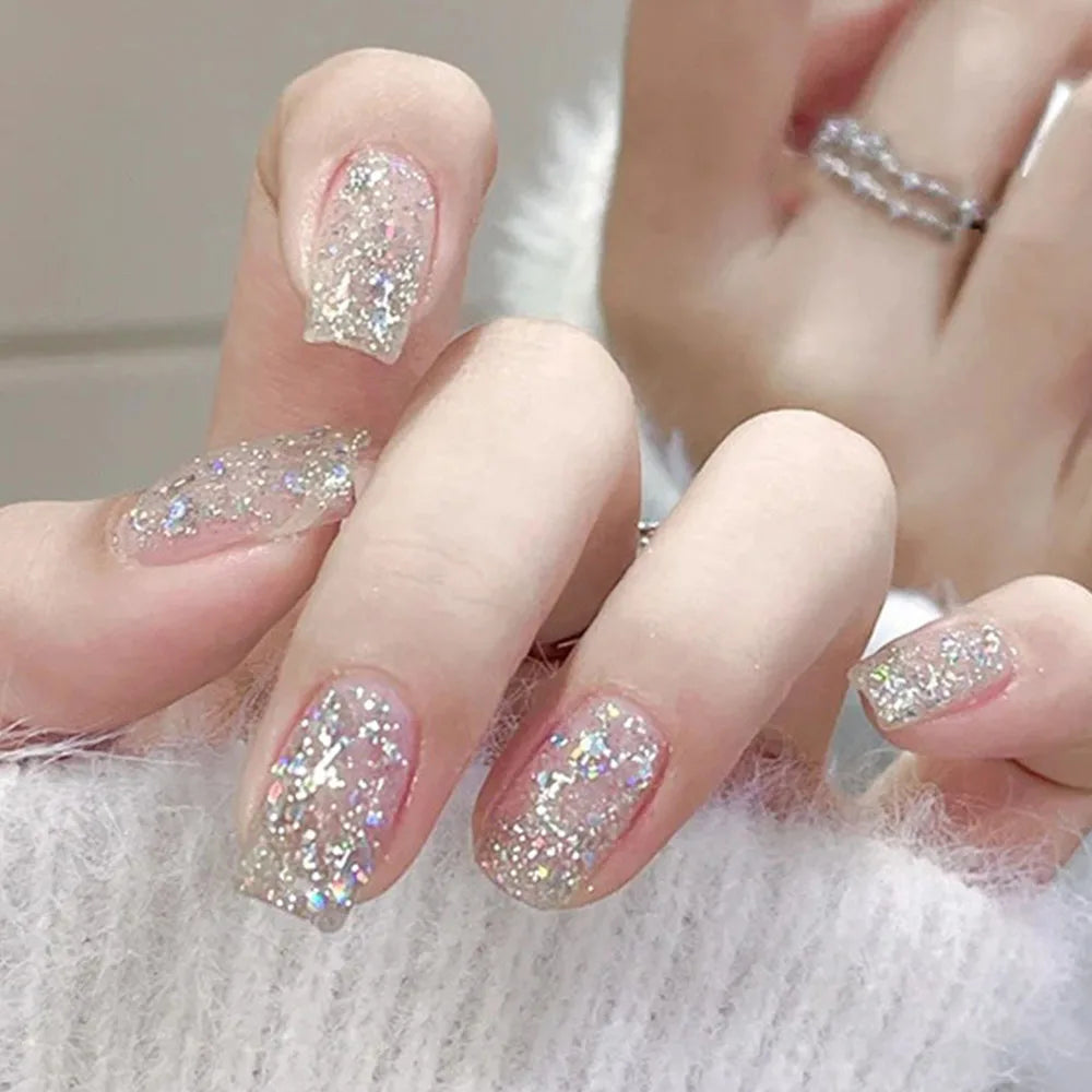 Medium fake nails for women girls full cover green nude nail tips with sparkling glitter square almond shape press on false nail