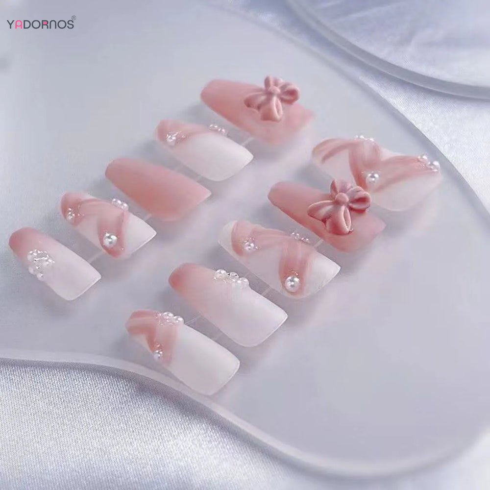Pink Ballet Bow Handmade Press-On Nails – Coffin, 24 Pcs