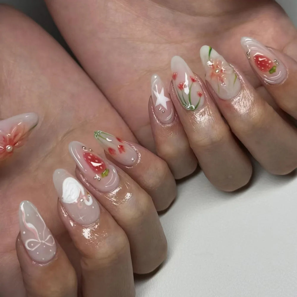 Cherry, Bow & Strawberry Blush Press-On Nails – Almond, 24 Pcs