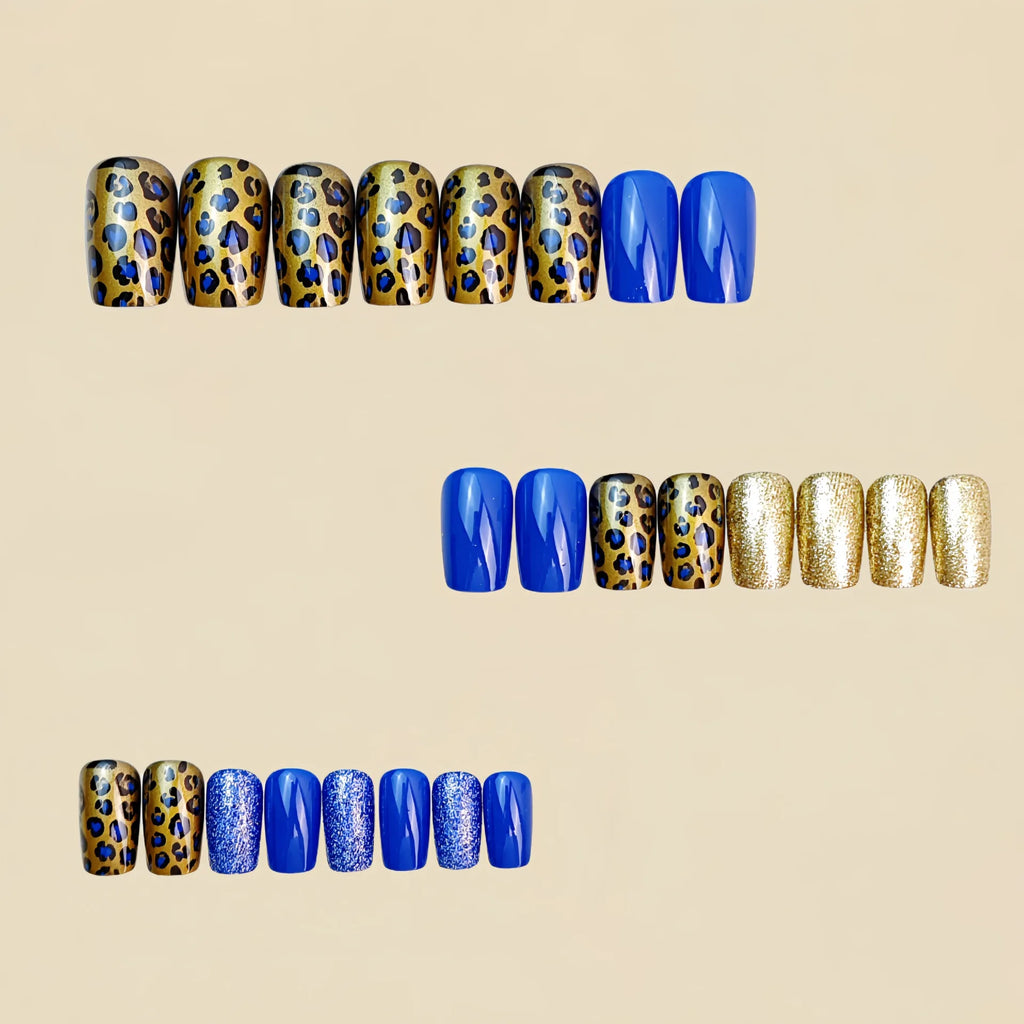 24pcs/set Short Medium fake nails for women dark blue yellow golden colors leopard print Square shape press on false nail art