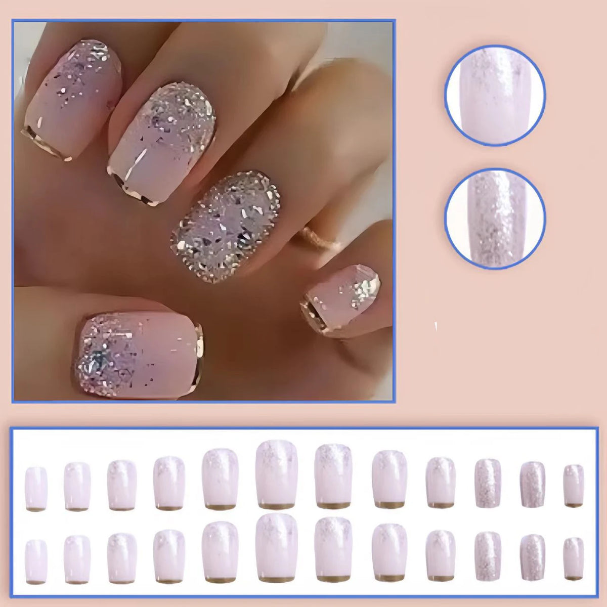 Medium Square fake nails for women girls white pink nail tips with golden silver sparkling glitters frame design press on nail
