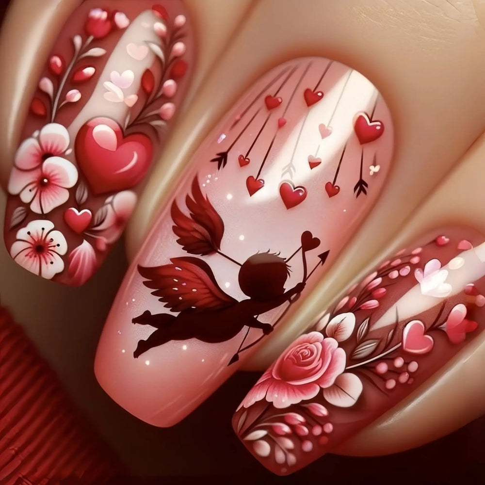 Pink Red Gold Rose Heart Angel Valentine's Ballet Press-On Nails – Medium Long