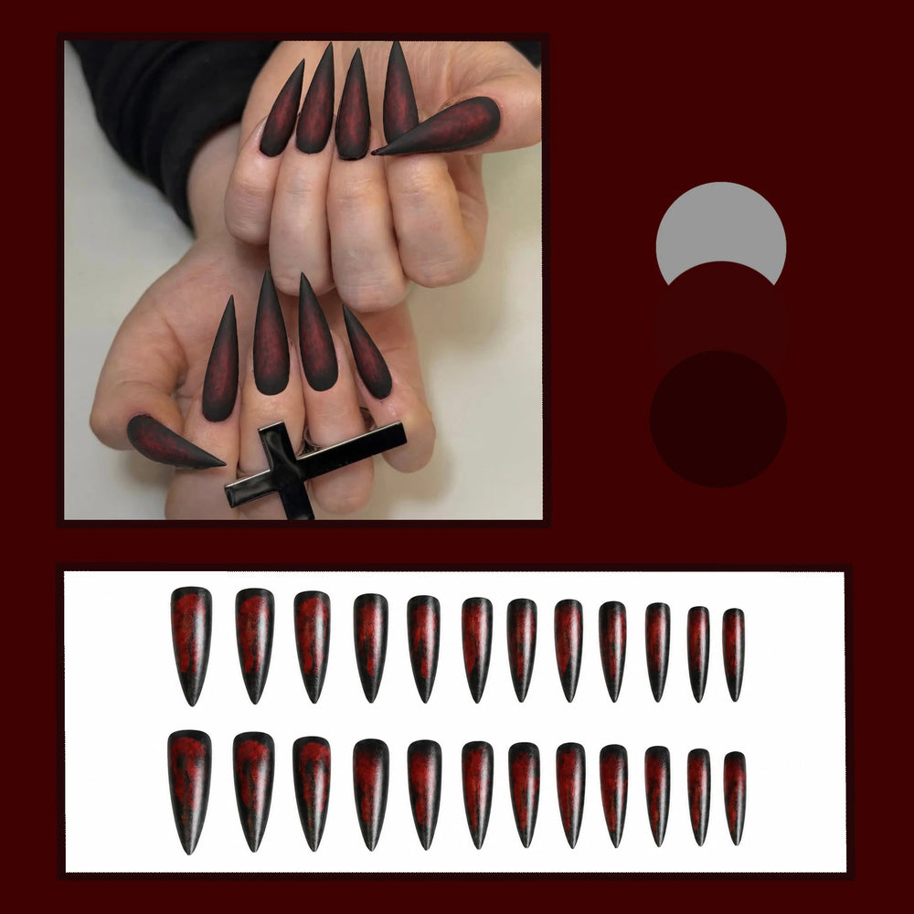 Black Matte Blood-Red Ombre Press-On Nails – Long Stiletto, 24 Pcs