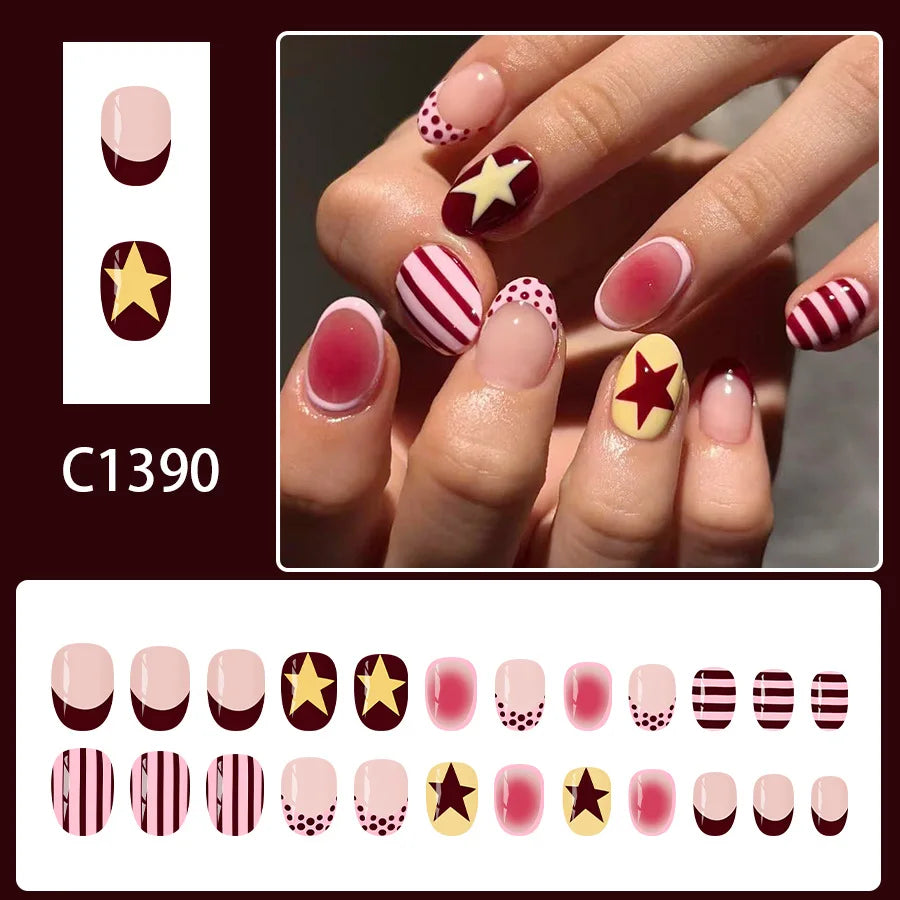 Star & Stripe Blush Y2K Press-On Nails – Short Almond, 24 Pcs