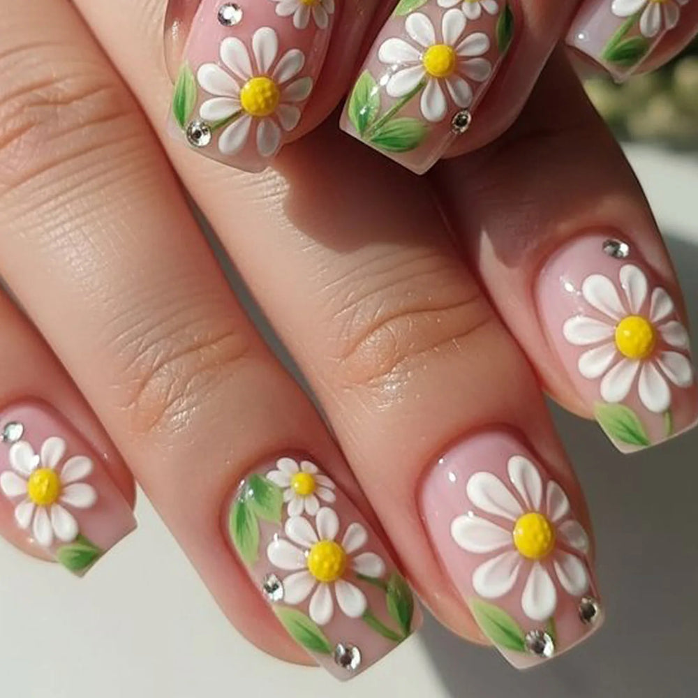 Spring Flower & Green Leaf Gold Crystal Press-On Nails – Short/Medium