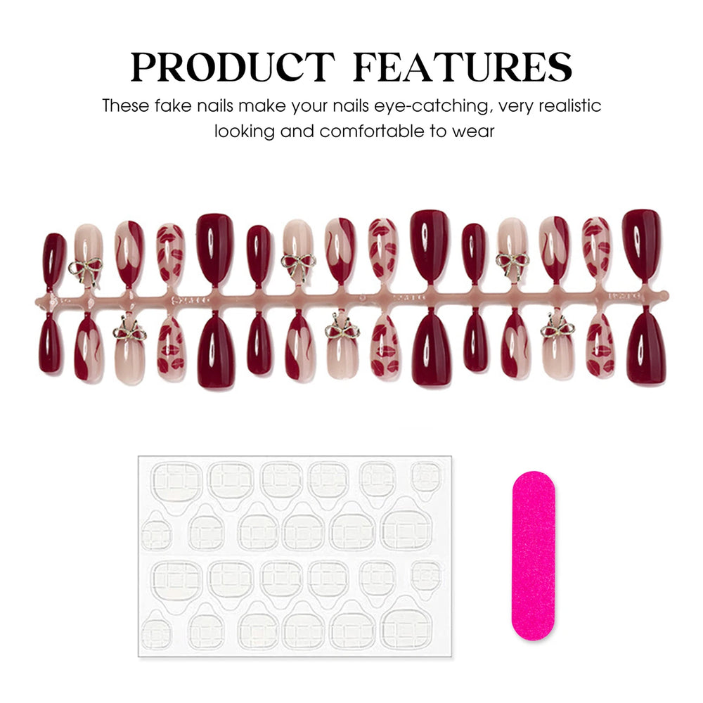 Red Lips Print Wine French Press-On Nails – Almond, 30 Pcs