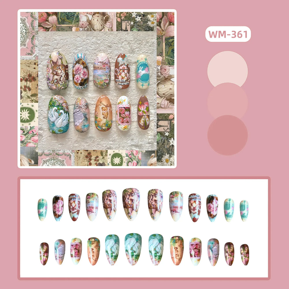 Vintage Floral Field Journal Press-On Nails – Almond, 24 Pcs