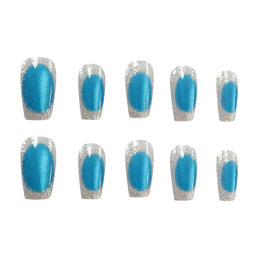 30Pcs/Set Dual Tone Cat Eye fake Nail Tips Gem Blue Brown Silver Glitter sparkling Medium french Style Press-On false Nails art