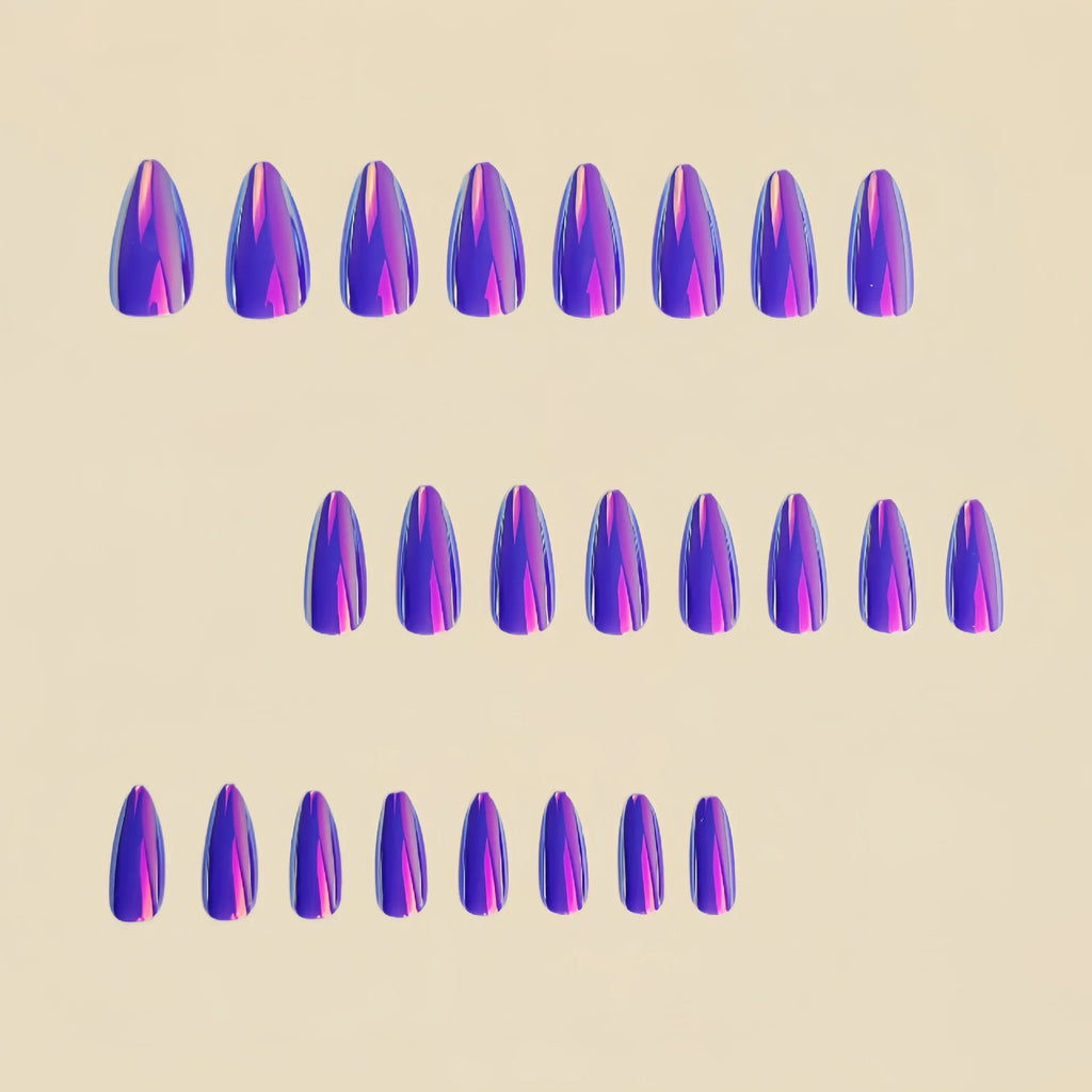 Fashion purple fake nails for women girls Holographic Plated metallic effect Medium long almond waterdrop tips press on nail art