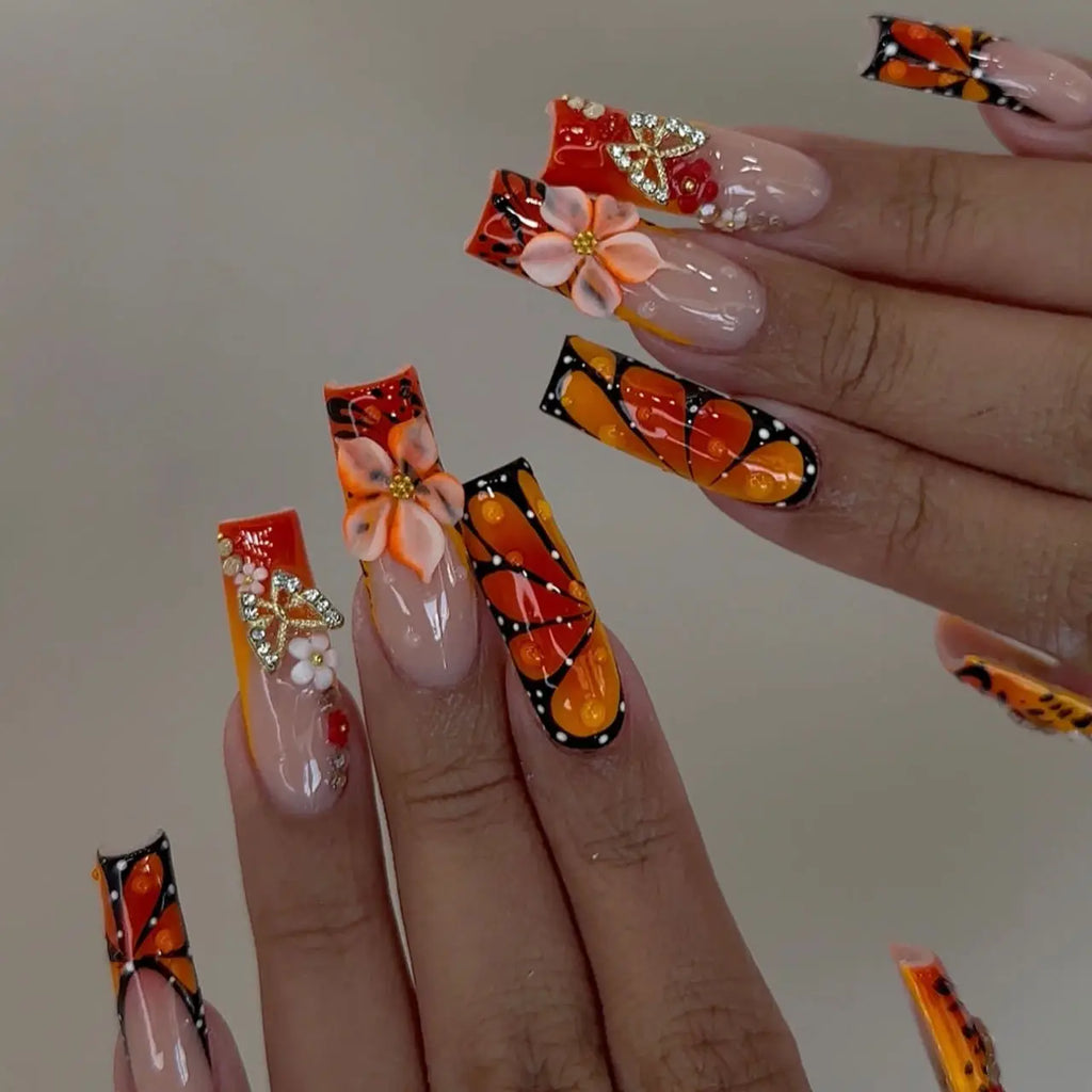Medium fake nails for women gilrs 3D embossed flowers orange blue colors for Spring summer french style press on false nail art