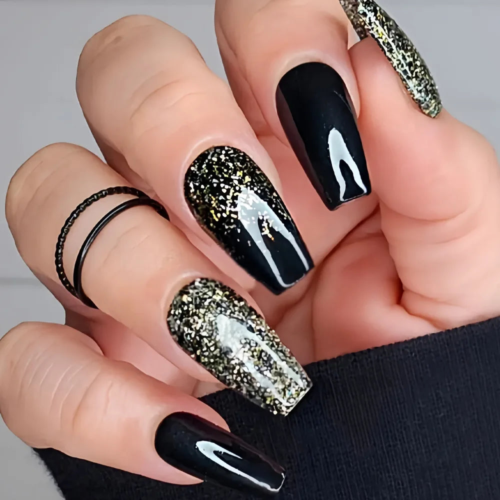 Medium Almond Ballet Fake Nail Tips Glossy Shimmer Gradient Black Red Silver Golden French Heart Geometric Press On False Nail