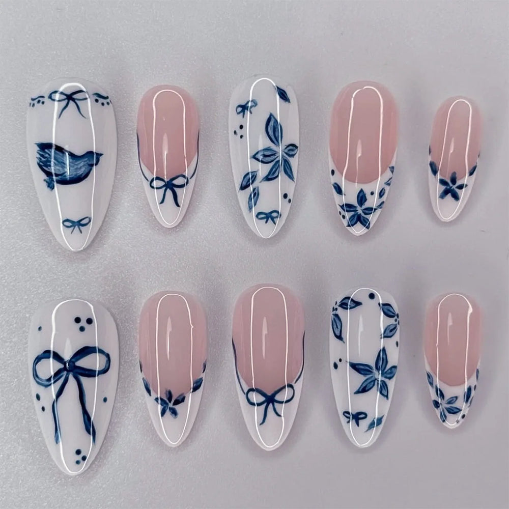 Cute Cartoon Oil Painting Press-On Nails – Almond, 24 Pcs