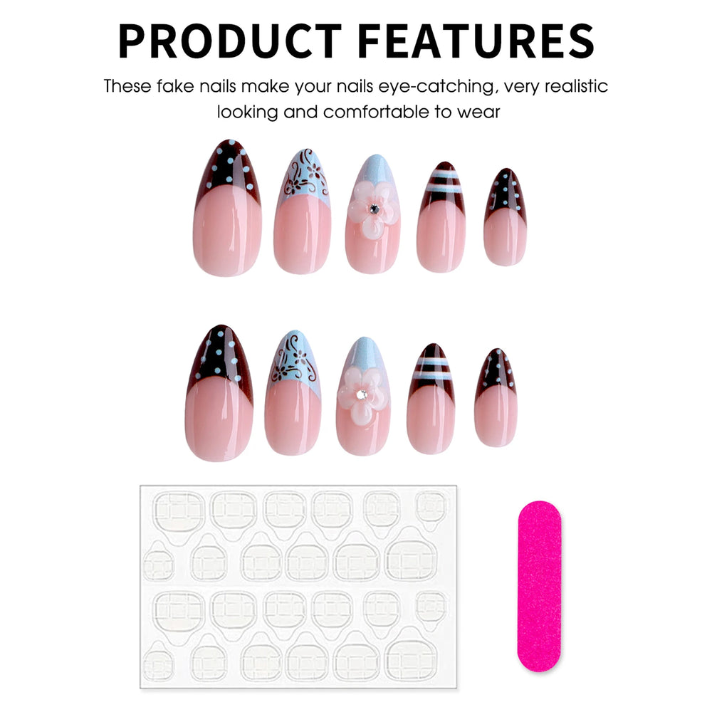Blue Polka Dot White Flower Press-On Nails – Almond, 24 Pcs