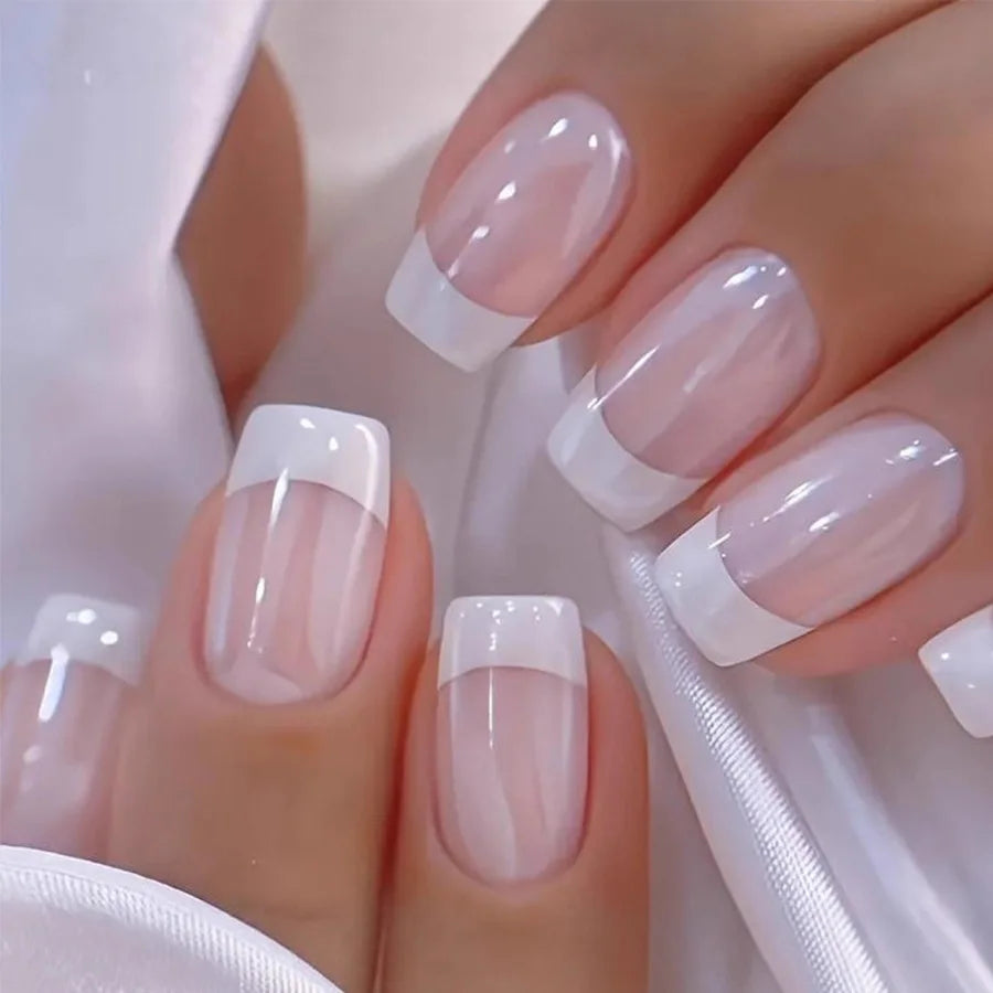 Short Medium Square fake nails pearl shimmer Minimalist french style white pink grey blue edge full cover press on false nail
