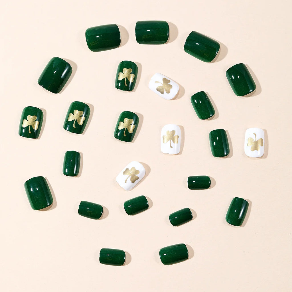 Short fake nails for women dark green white colors with golden golden Four-leaf clover square shape full cover press on nail art