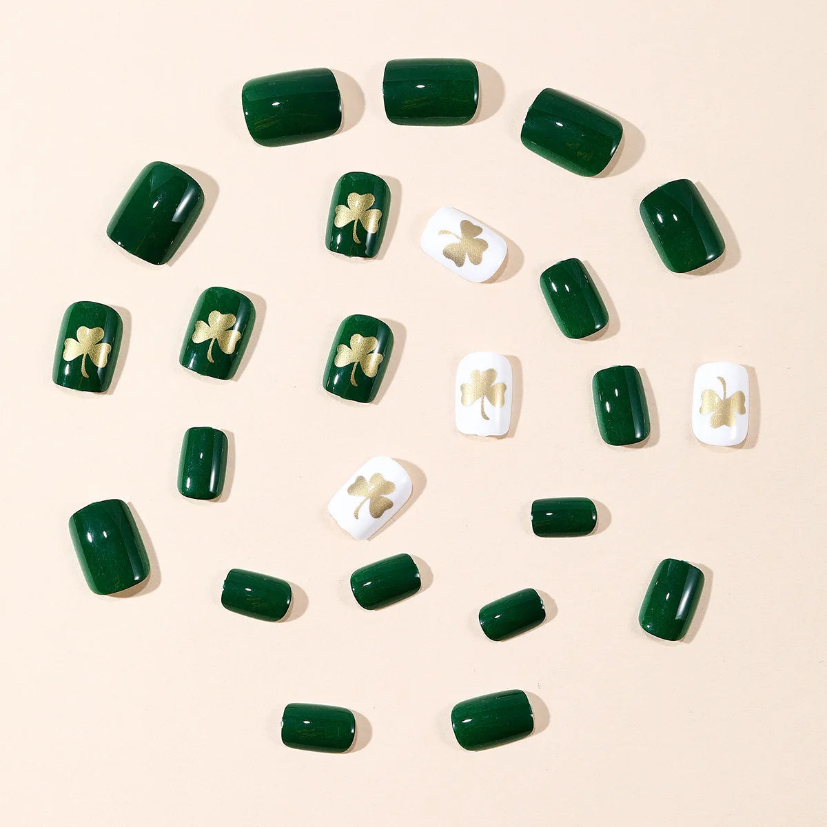 Short fake nails for women dark green white colors with golden golden Four-leaf clover square shape full cover press on nail art