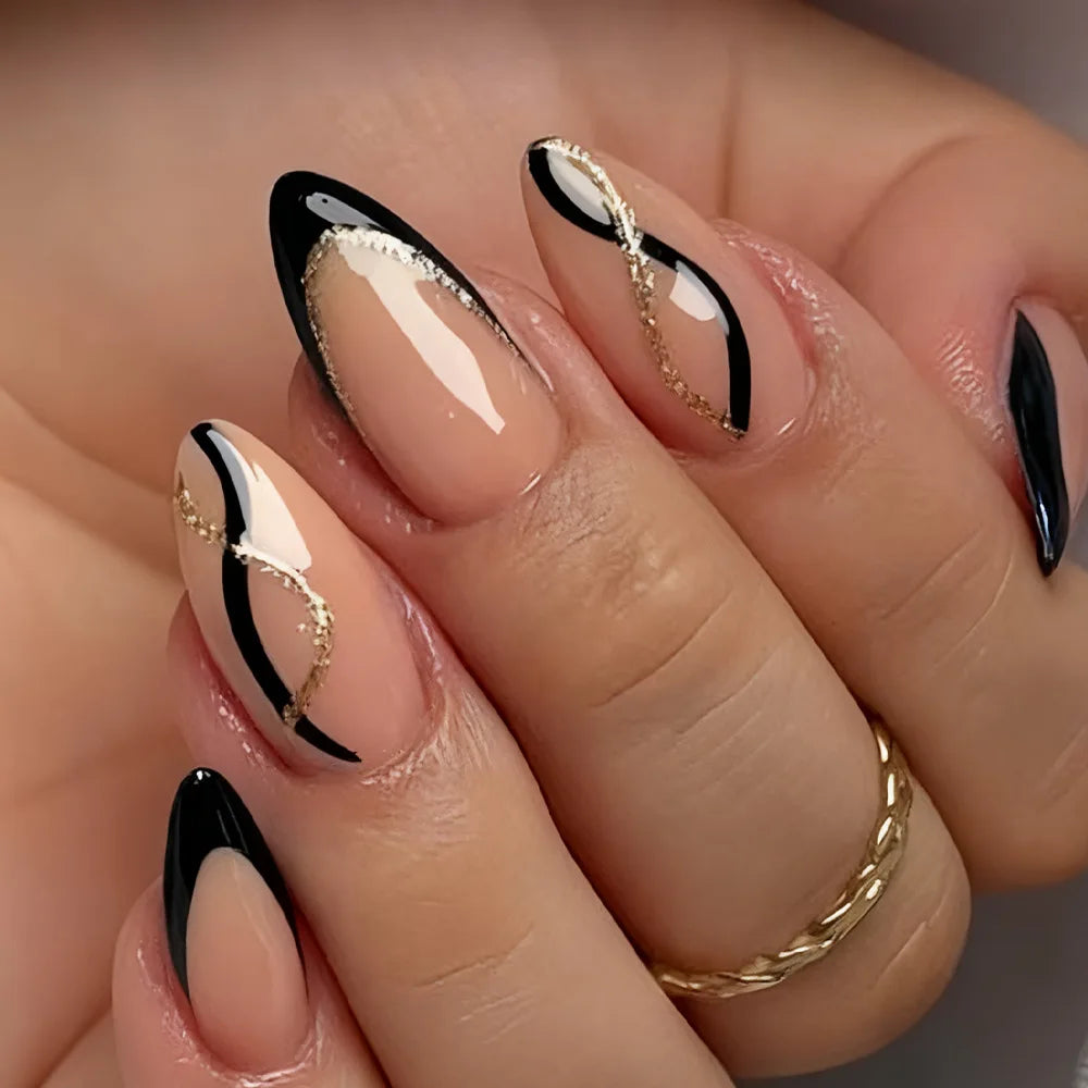 24pcs/set Medium fake nails for women girls almond tips french style strips golden white black yellow press on false nail art
