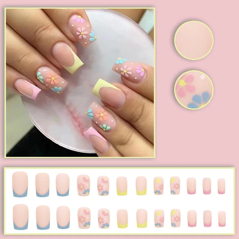 Medium Square fake nails for women french style nude green yellow blue pink flowers for spring summer full cover press on nail