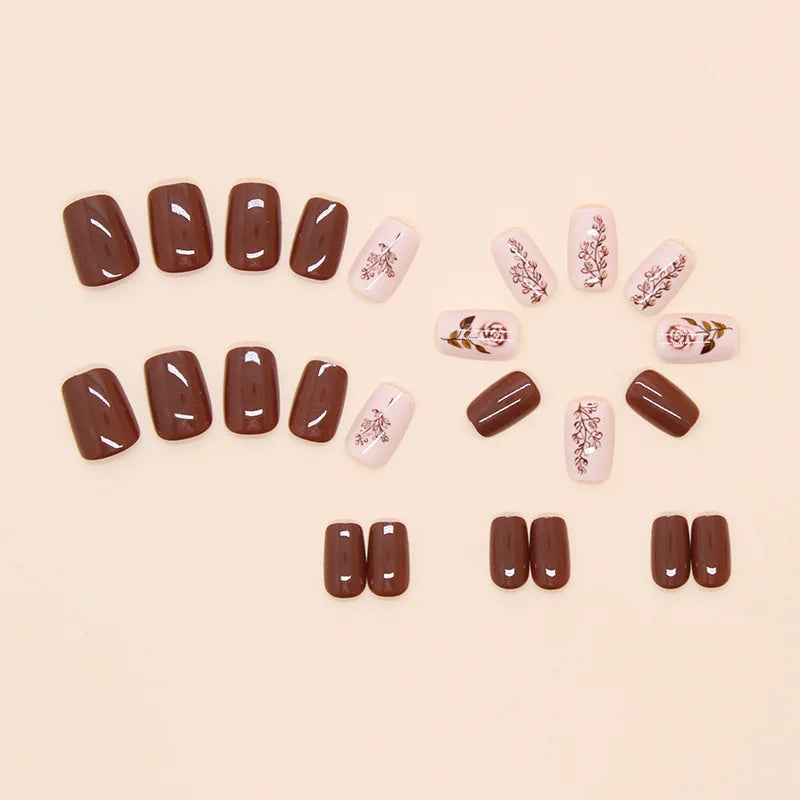 Short Medium fake nail for women brown coffee colors matte grid or glossy flowers design full cover reusable press on false nail