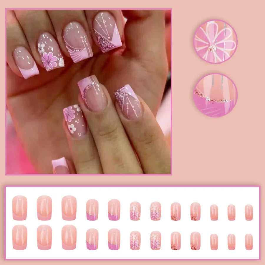 Pink Red Blue Gradient Sparkle Flower Press-On Nails – Short/Medium Square