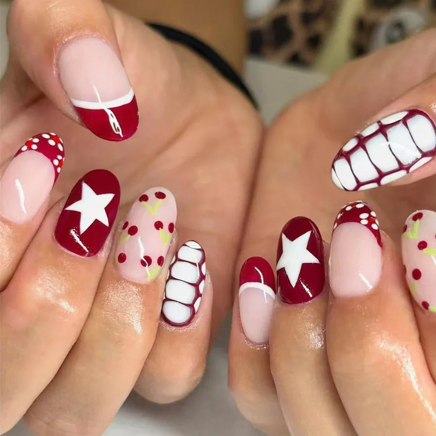 Star & Stripe Blush Y2K Press-On Nails – Short Almond, 24 Pcs