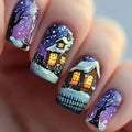 Medium Square almond fake nails for Christmas party Winter forest snowflakes Santa Claus Santa Claus design press on false nail
