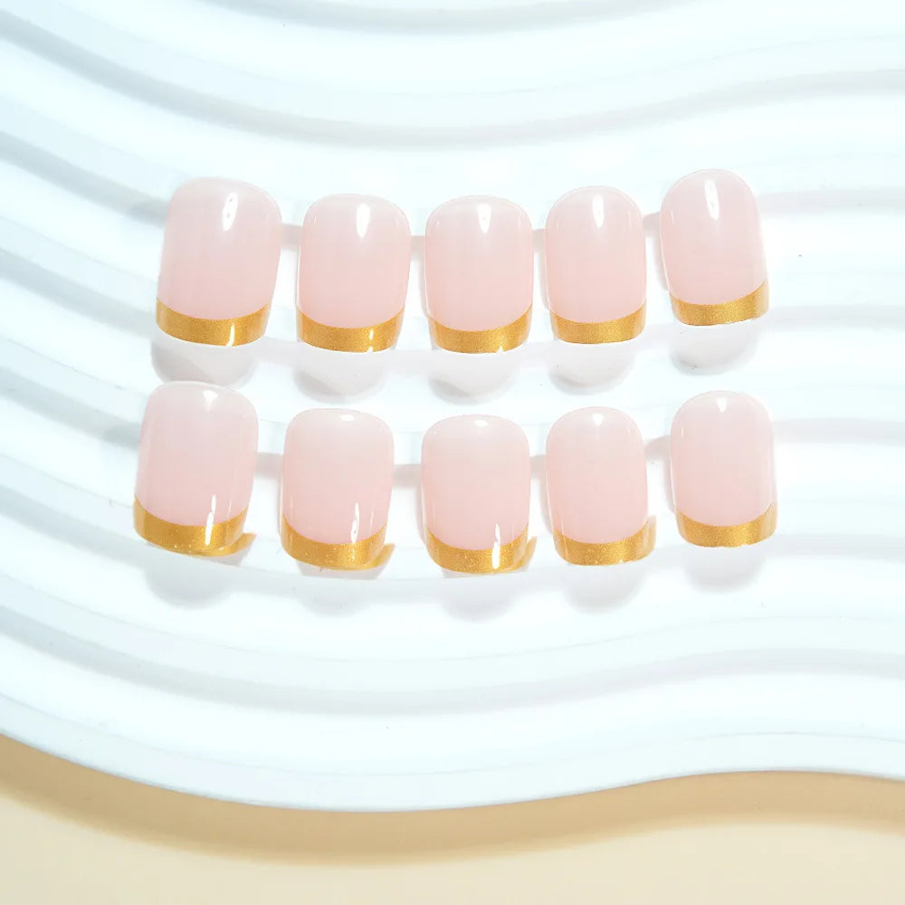 24pcs/set nude square fake nails for women girls french silver red golden frame edge full cover nail tips press on acrylic nail