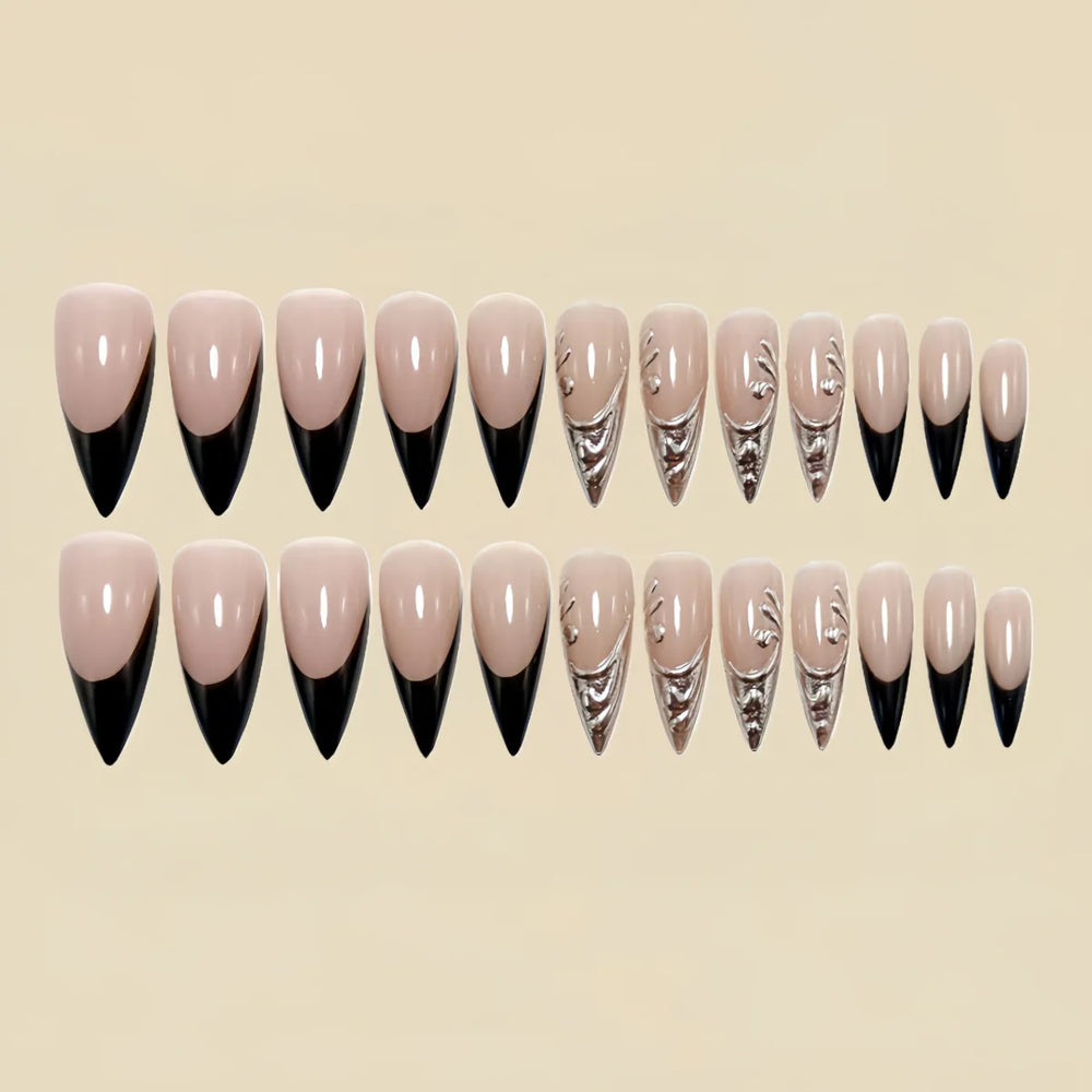 Gold & Silver Gilded Frame Nude French Almond Press-On Nails – Medium Long, 24 Pcs