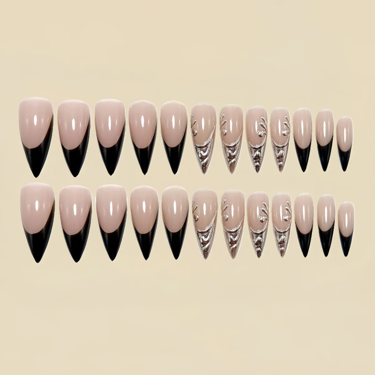 Medium long fake nails for women girls golden silver gilding frame nude french almond nail tips press on false nail art set
