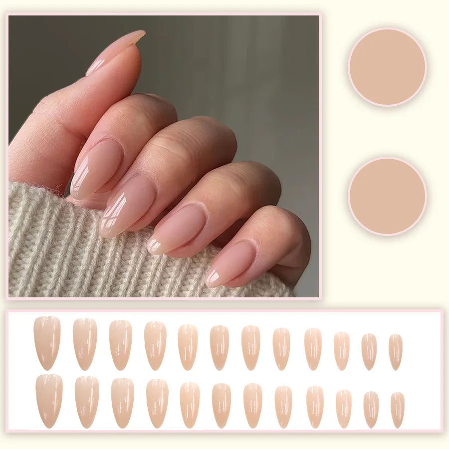 Medium fake nails for women gilrs glossy gradient pink nude almond nail art tips full cover press on acrylic false nail art set
