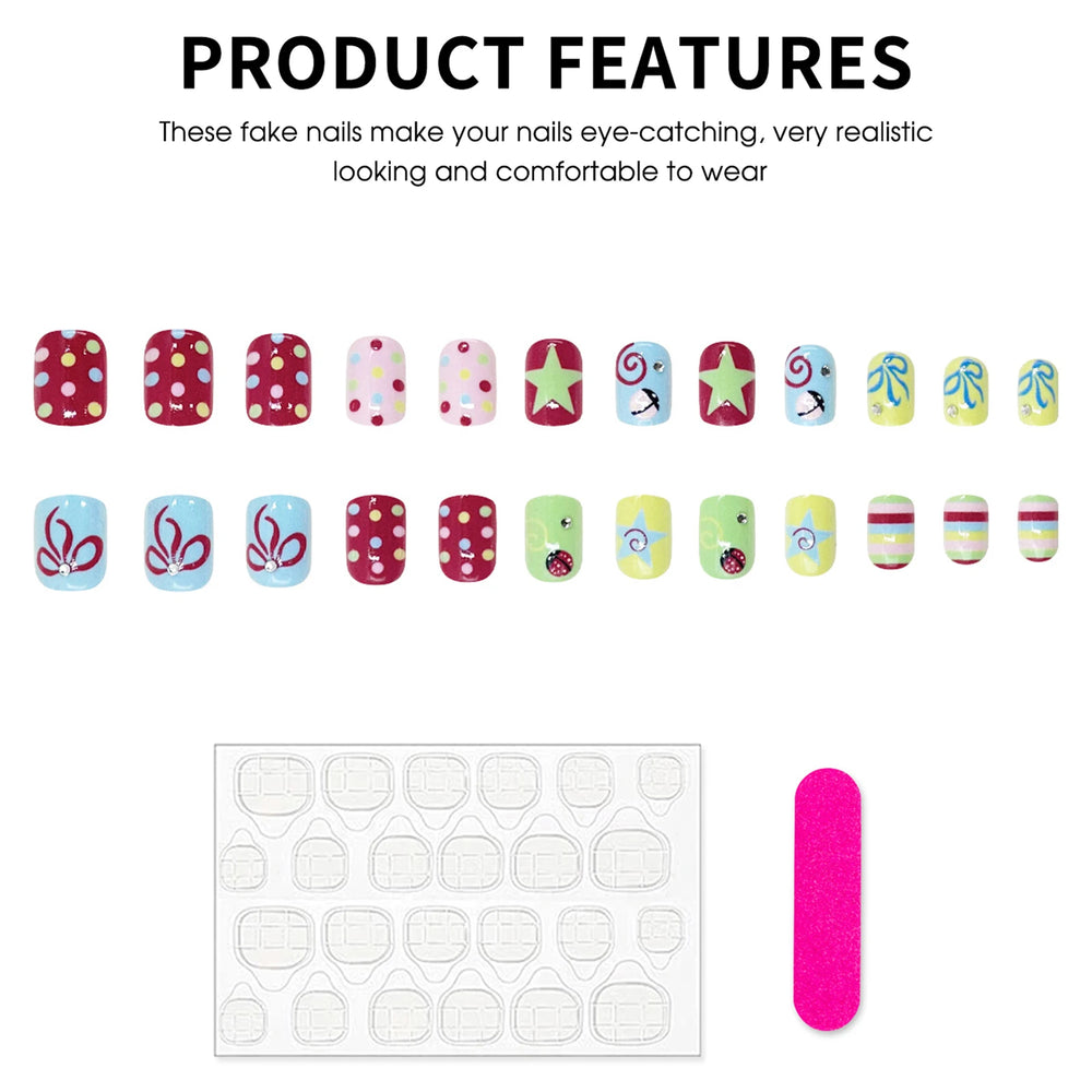 Colorful Polka Dot & Star Y2K Press-On Nails – Short Round, 24 Pcs