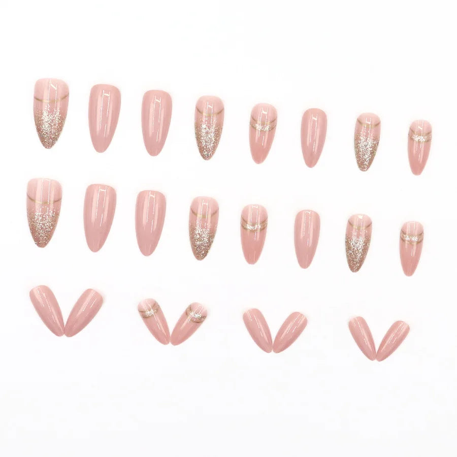 Medium fake nails for women gilr Nude pink almond nail tips with sparkling glitters french strips full cover press on false nail