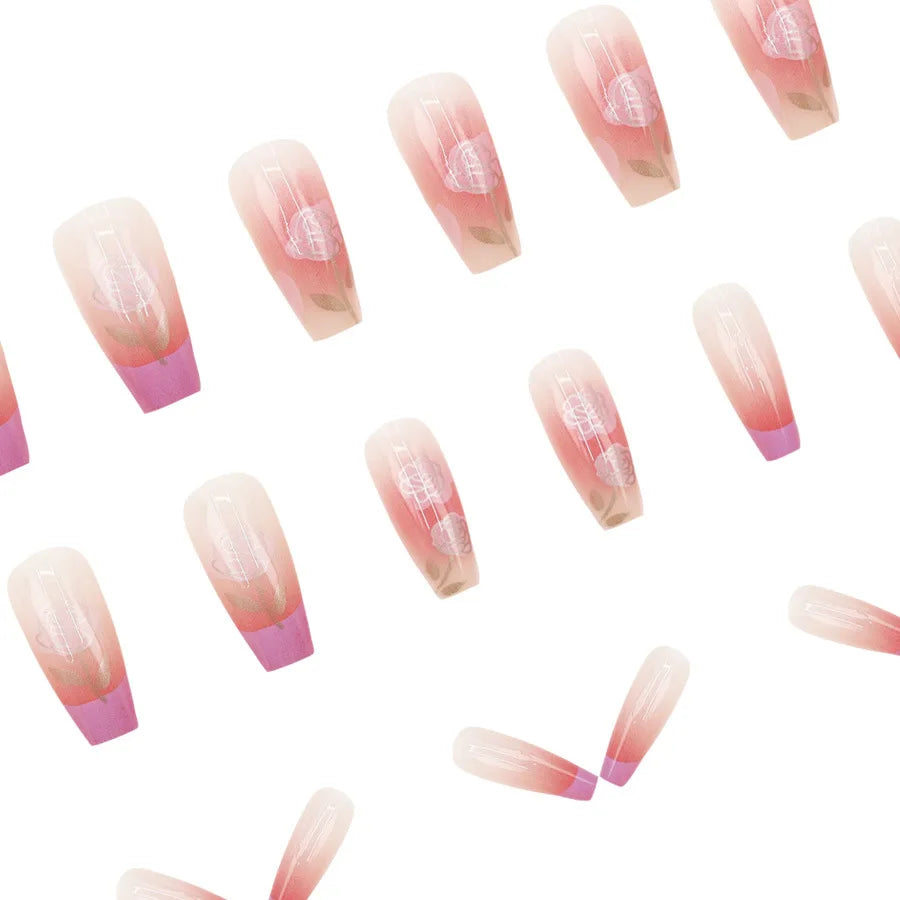 Medium long fake nails for women girls Glossy green cat eyes with white flowers, gradient purple pink flowers press on nail art