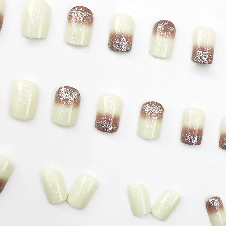 Short fake nails for women gilrs creamy white & brown colors with sparkling glitters Square shape full cover press on false nail