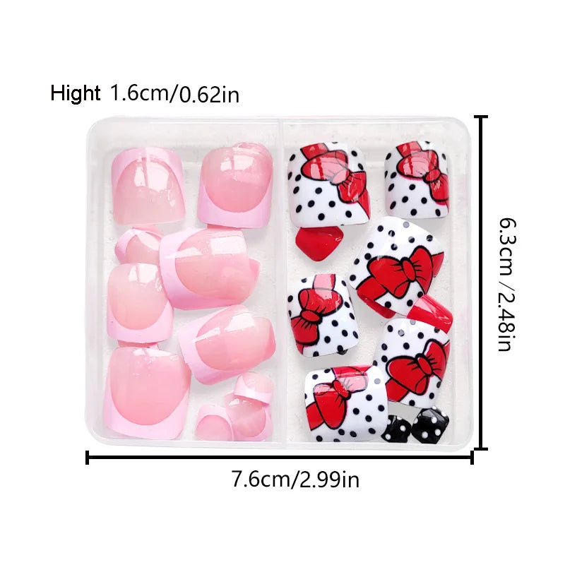 48pcs/set fake nails for toenail cute french style bow polka dots and nude pink square nail tips full cover press on false nail