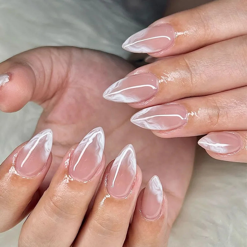 Medium fake nails for women girls Nude white Almond nail tips french style full cover reusable press on false nail art set