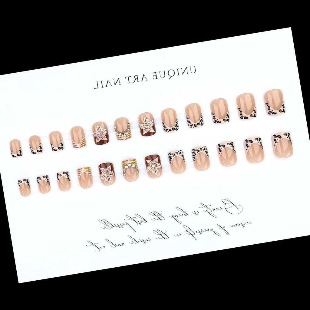 Short Square fake nails for women nude brown colors with leopard print 3D flowers rhinestones design full cover press on nails