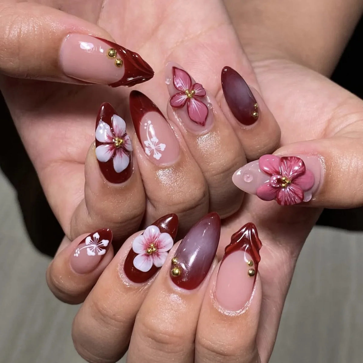 3D fake nails for women girls New Year red colors embossed flowers golden beads design french almond tips press on false nail