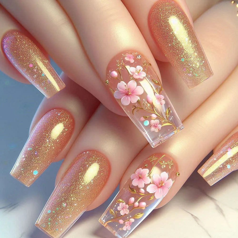 Medium fake nails for women gilrs Gradient red brown yellow square nail tips with Spring summer flowers press on false nail art