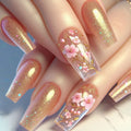 Medium fake nails for women gilrs Gradient red brown yellow square nail tips with Spring summer flowers press on false nail art