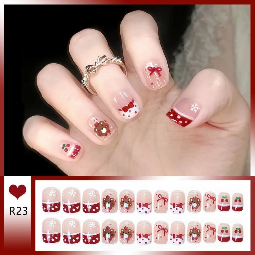 Bow & Heart Pattern Korean French Press-On Nails – Short Round, 24 Pcs