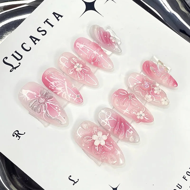 24Pcs 3D Green Ripple Design False Nails Cat's Eye French Almond Fake Nail Tips Leaves Pattern Removable Oval Press on Nails