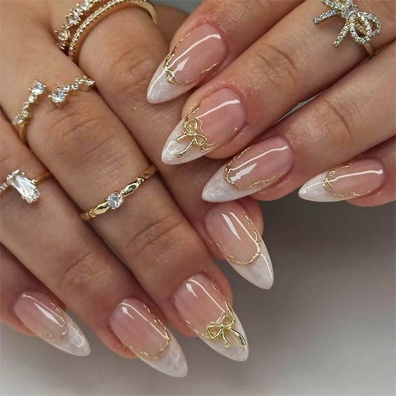 Medium fake nails for women girls french almond nude white nail tips with golden strips bowknot full cover press on false nail