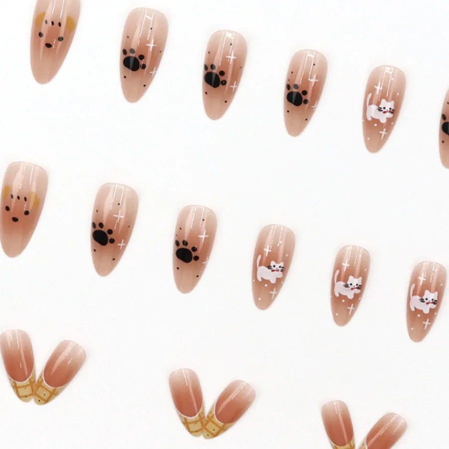 Short Medium fake nails for women gilrs nude beige gradient brown kawaii cartoon cute cat footprint almond square press on nail