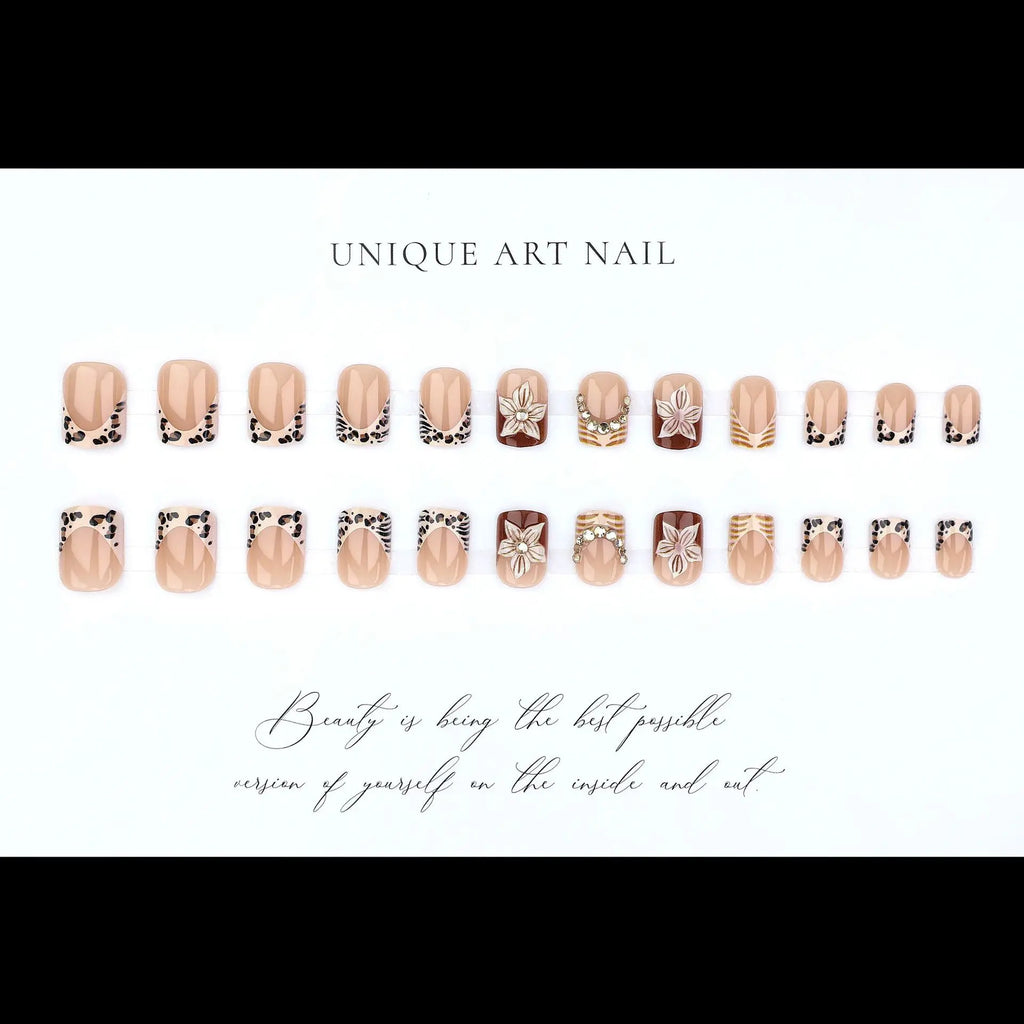 Short Square fake nails for women nude brown colors with leopard print 3D flowers rhinestones design full cover press on nails