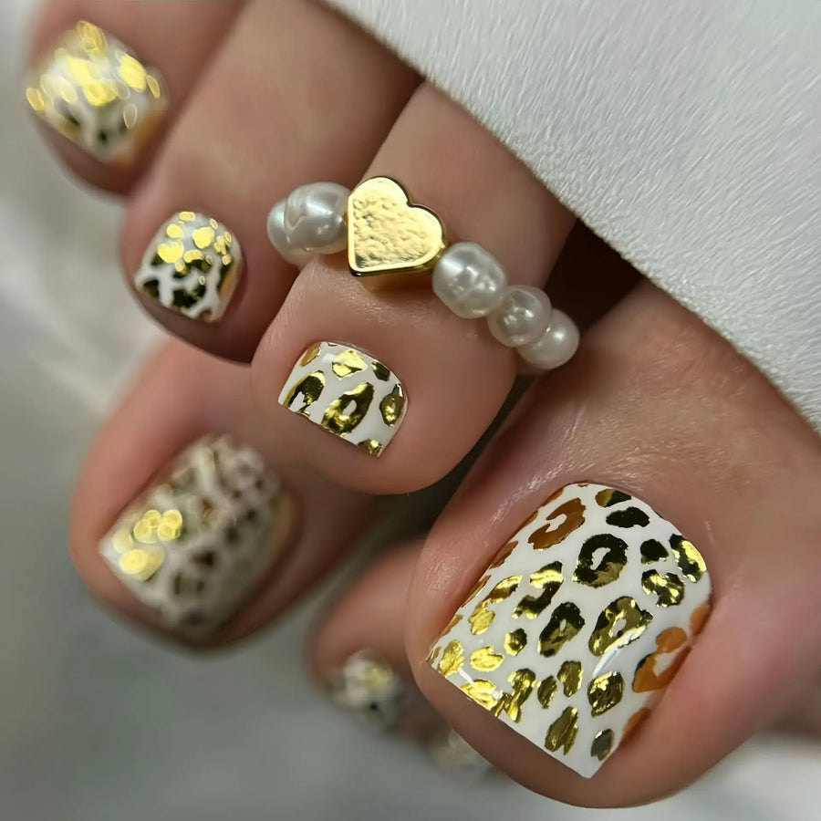 Gold & Pink Leopard Press-On Toenails – 24 Pcs