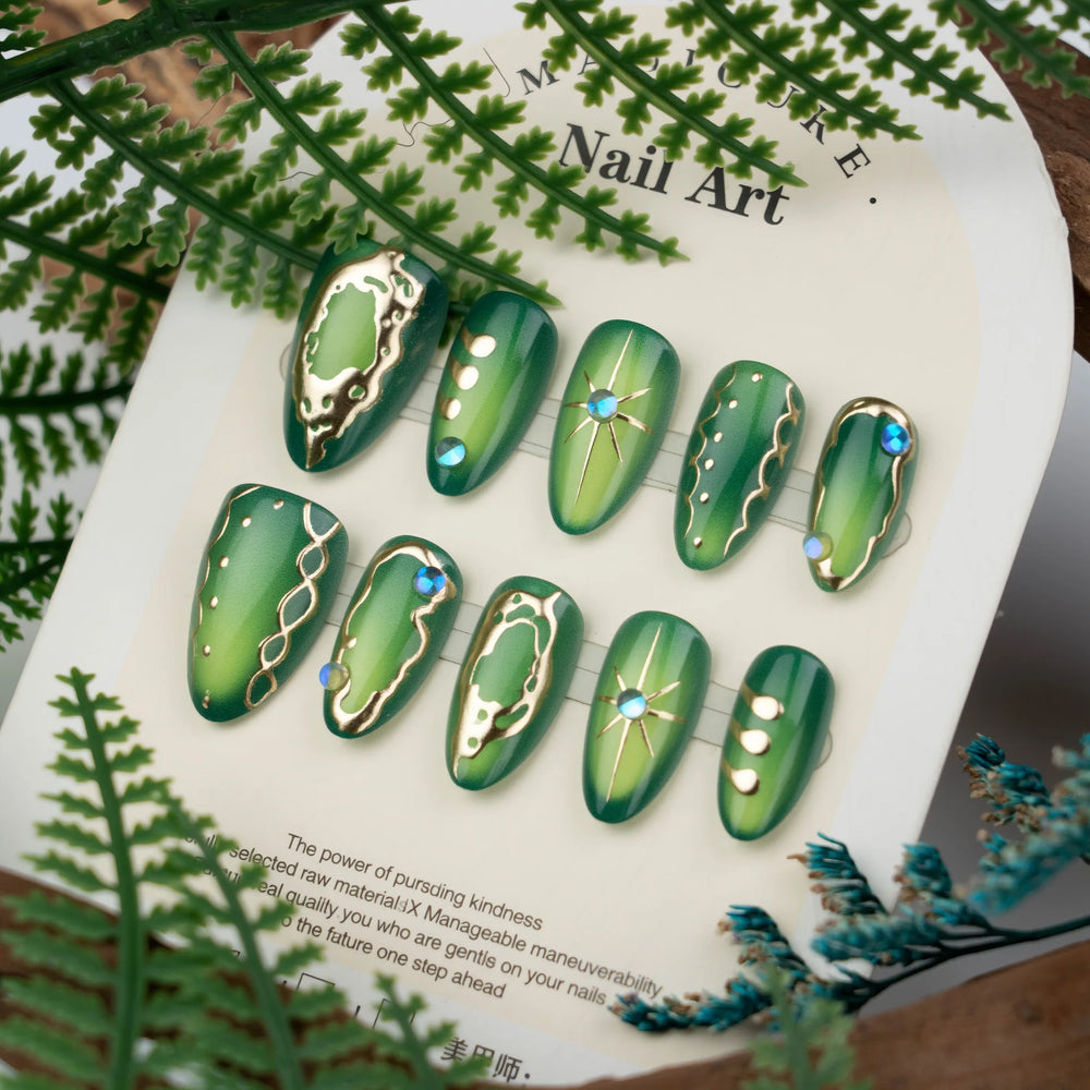 Green Cat Eye Gold Frame Rhinestone Press-On Nails – Medium, 30 Pcs
